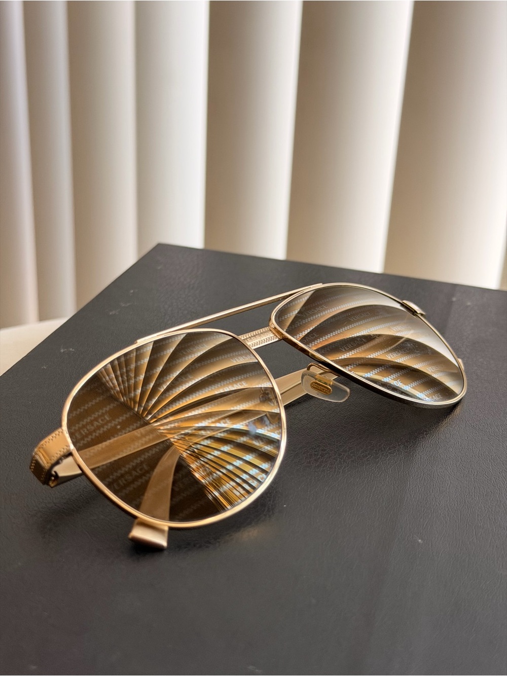 Versace Gold Aviator Sunglasses with All-Over Logo Lenses & Hard Case